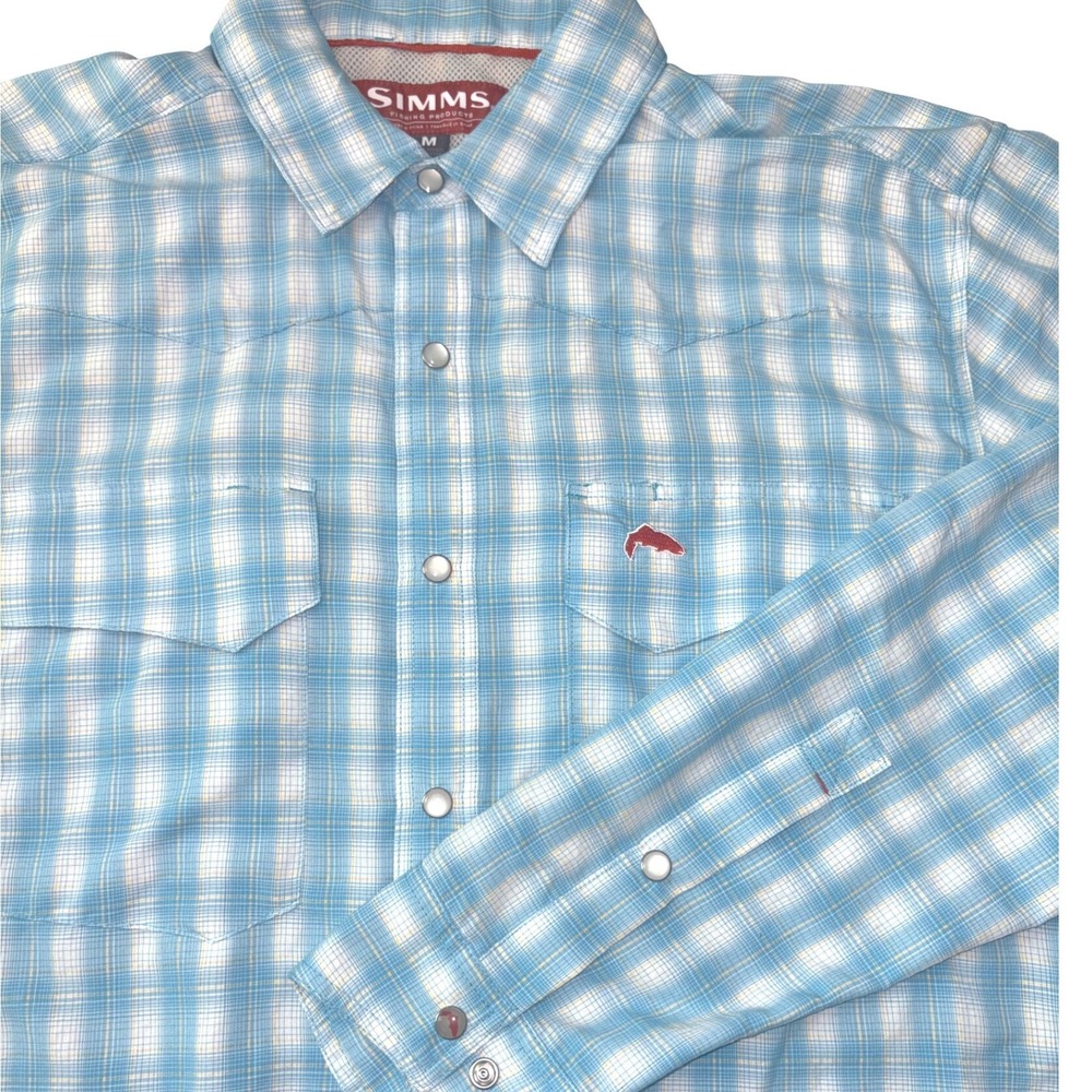 Simms Fishing Shirt Mens M Blue Plaid Long Sleeve Button Up Performance Vented
